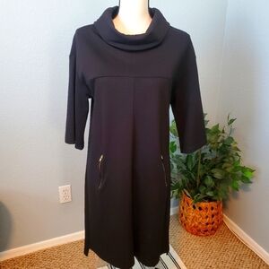 Komarov black minamilist dress zipper detail & cowl neck, size Medium